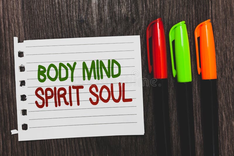 Handwriting text Body Mind Spirit Soul. Concept meaning Personal Balance Therapy Conciousness state of mind Colorful words with wh royalty free stock photos Handwriting text Body Mind Spirit Soul. Concept meaning Personal Balance Therapy Conciousness state of mind Colorful words with wh royalty free stock photos