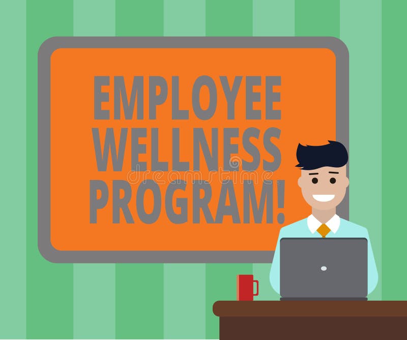 Handwriting text Employee Wellness Program. Concept meaning Help improve the health of its labor force Blank Bordered Board behind Man Sitting Smiling with Laptop Mug on Desk. Employee wellness illustrations