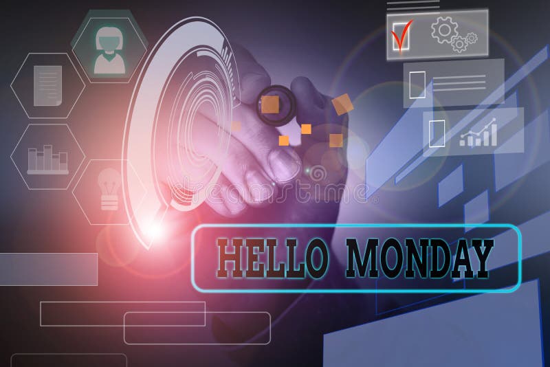 Handwriting text Hello Monday. Conceptual photo greetings or welcoming the first day of the work week Male human wear formal work suit presenting presentation using smart device. Handwriting text Hello Monday. Conceptual photo greetings or welcoming the first day of the work week Male human wear formal work suit presenting presentation using smart device