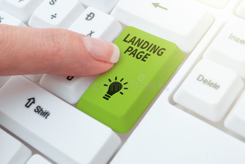 Handwriting text Landing Page. Word Written on Website accessed by clicking a link on another web page Man Holding A stock photo