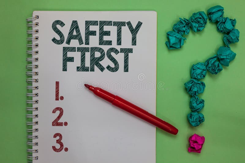 Handwriting text Safety First. Concept meaning Avoid any unnecessary risk Live Safely Be Careful Pay attention Notebook marker crumpled papers forming question mark green background