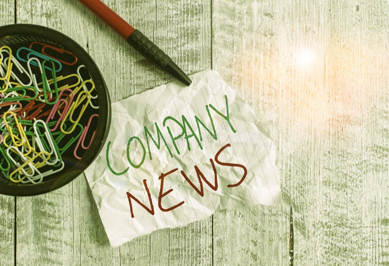 Handwriting text writing Company News. Conceptual photo provides news and feature articles about the company status Wrinkle paper and notebook plus stationary placed above wooden background. Problem wrinkle stock images, royalty-free photos and pictures