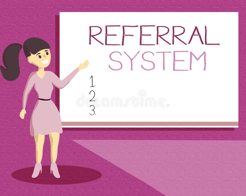 Handwriting text writing Referral System. Concept meaning sending own patient to another physician for treatment vector illustration