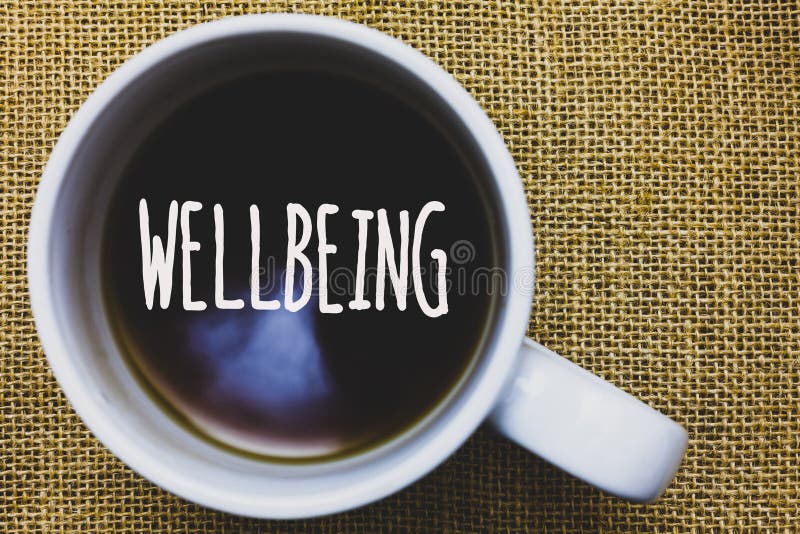 Handwriting text writing Wellbeing. Concept meaning Healthy lifestyle conditions of people life work balance Mug coffee thoughts i