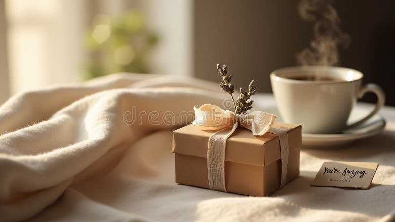 A handwritten card. A cozy blanket and a cup of coffee create a serene and inviting vibe royalty free illustration