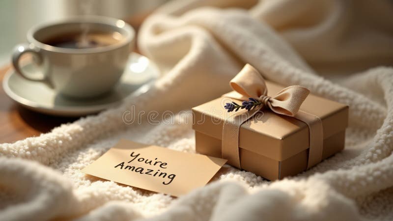 A handwritten card. A cozy blanket and a cup of coffee create a serene and inviting vibe royalty free illustration