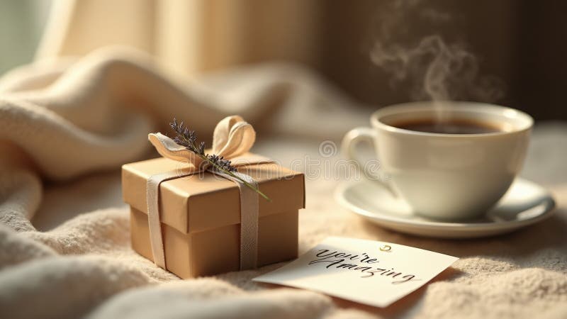 A handwritten card. A cozy blanket and a cup of coffee create a serene and inviting vibe stock illustration
