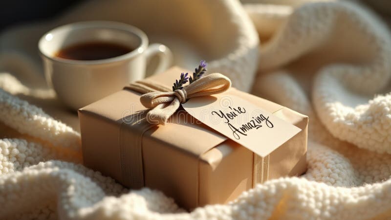 A handwritten card. A cozy blanket and a cup of coffee create a serene and inviting vibe stock illustration