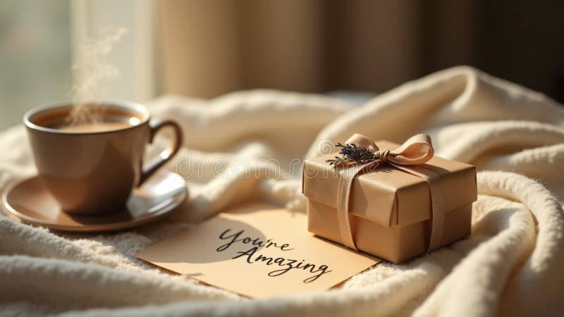 A handwritten card. A cozy blanket and a cup of coffee create a serene and inviting vibe royalty free illustration