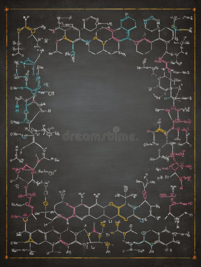 Complex chemical structures and formulas are displayed on a chalkboard with various colors highlighting different elements, showing an academic environment. Annotations ai stock images, royalty-free photos and pictures