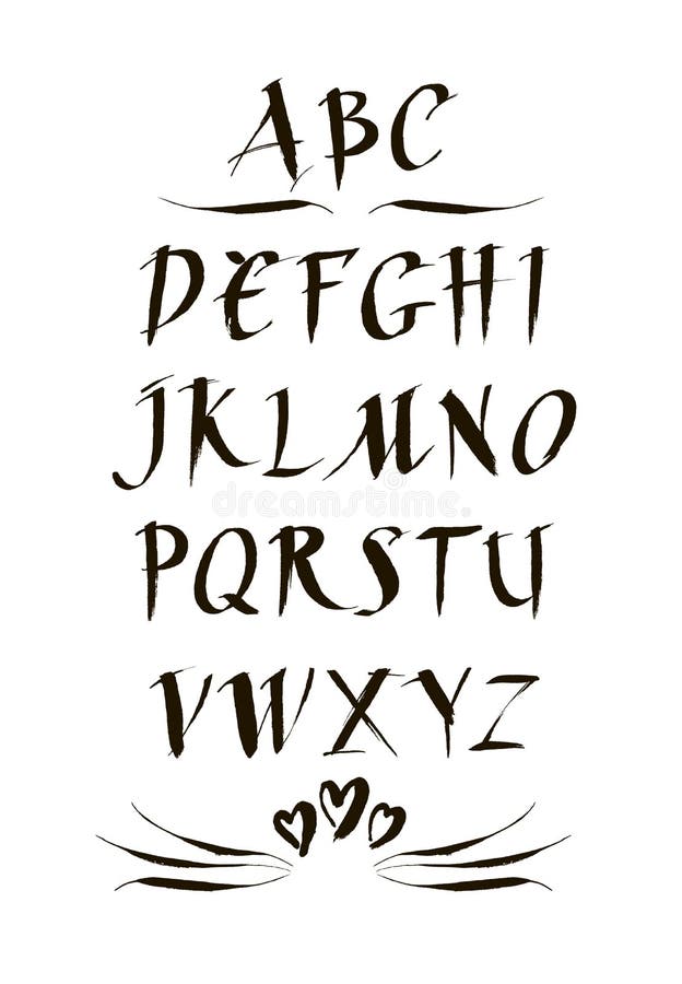 Handwritten ink calligraphic font. Modern brush lettering. Hand drawn alphabet. Abstract hand painted hearts. vector illustration Handwritten ink calligraphic font. Modern brush lettering. Hand drawn alphabet. Abstract hand painted hearts. vector illustration