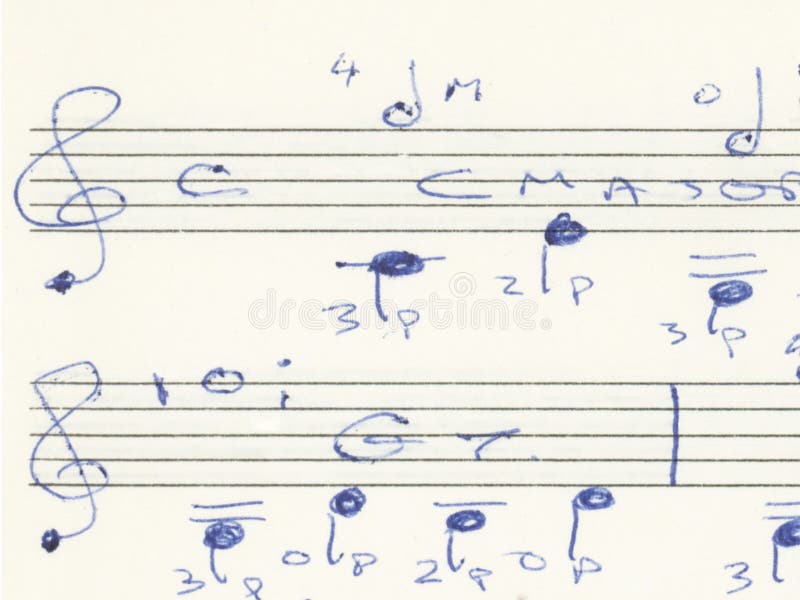 Handwritten sheet music with a treble clef on each line, featuring a combination of musical notes and annotations in blue ink. The notes are written on a set of five horizontal lines, with chords and tablature-style numbers and letters above and below. This informal notation style suggests a guitarist's guide, with finger positions indicated for playing. The sheet is on a plain white background, displaying an approachable and personal method of documenting a musical composition. Paper notation stock images, royalty-free photos and pictures