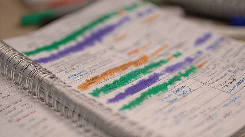 A close-up of handwritten notes reveals various colored highlights and annotations. The notes show a structured approach to learning and summarizing information. Annotations ai stock images, royalty-free photos and pictures