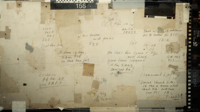Handwritten notes and sketches are arranged on a worn surface, showing various thoughts, calculations, and ideas, possibly from a scholar or artist in a private setting. Annotations ai stock images, royalty-free photos and pictures