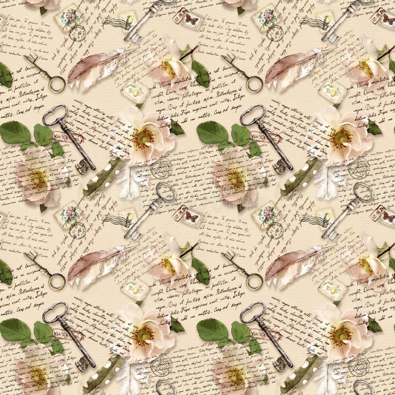 Handwritten notes, wild roses, post stamps, watercolor feathers, keys on paper background. Seamless pattern in vintage style