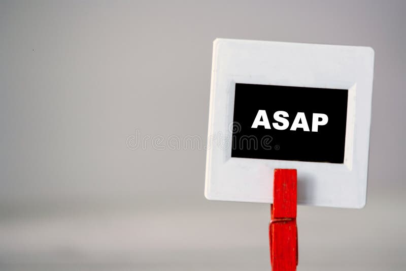 Handwritten text reading ASAP on a small blackboard with a white frame and red holder, symbolizing urgency in tasks or communica. Reading efficiency stock images, royalty-free photos and pictures