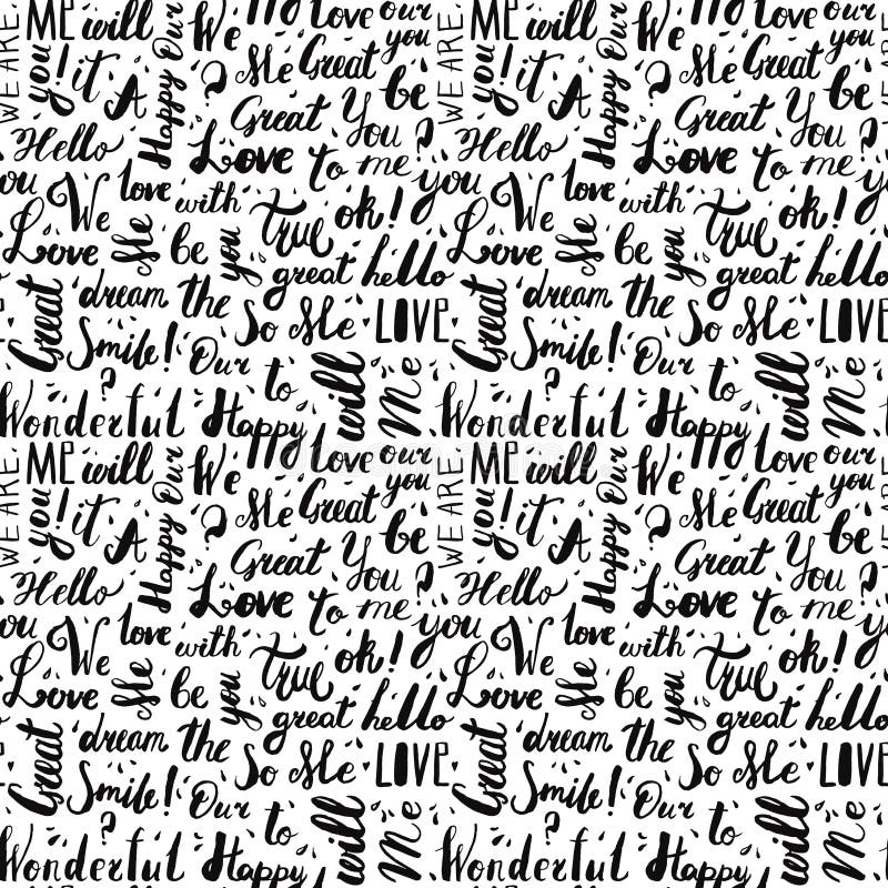 Handwritten vintage ink words vector seamless pattern with drops. Black letters. Lettering. vector illustration