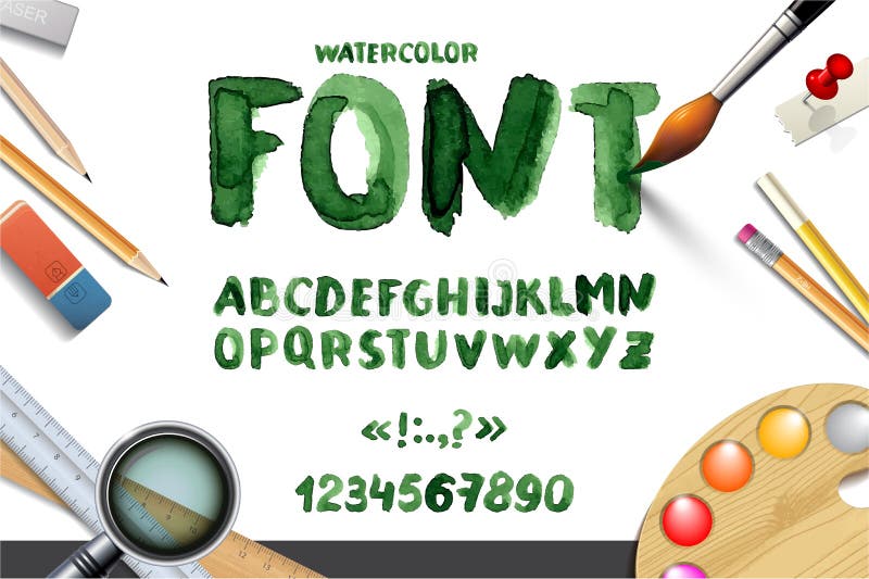 Handwritten watercolor alphabet with numbers and symbols. Vector Illustration. Handwritten symbols illustrations