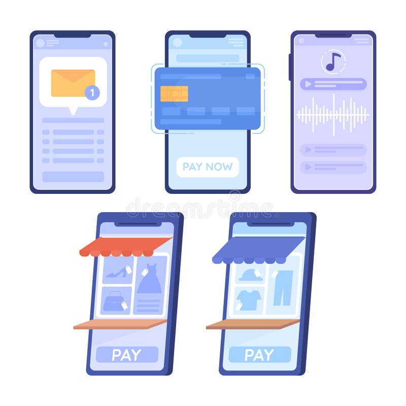 Handy-Bildschirme mit Anwendungen flache Konzept Vektor-Spot-Illustration Bundle lizenzfreie abbildung