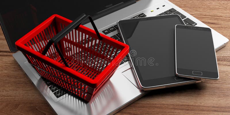 Handy, Computerlaptop, Tablette und ein roter Einkaufskorb auf hölzernem Hintergrund Abbildung 3D stock abbildung Handy, Computerlaptop, Tablette und ein roter Einkaufskorb auf hölzernem Hintergrund Abbildung 3D stock abbildung