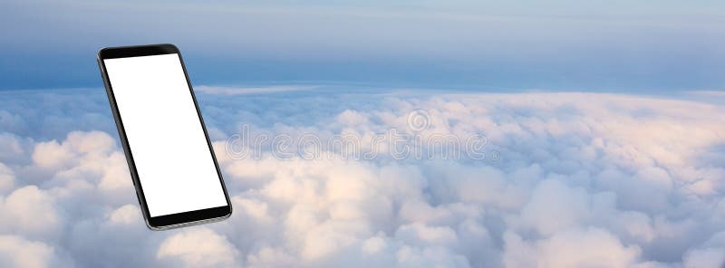Handy, der in die Wolken schwebt. Konzept des Handys, der in die Wolken mit weißem Bildschirm schwimmt- einfache Änderung