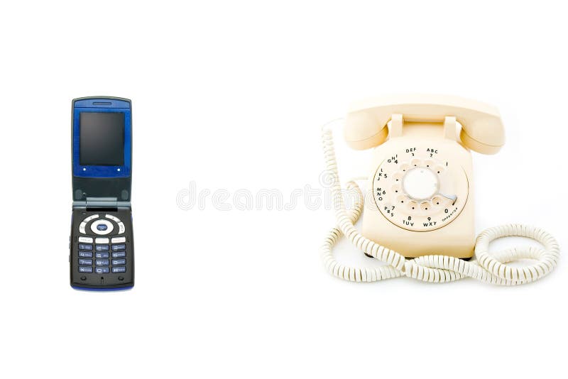 A cell phone and a rotary phone on isolated white. A cell phone and a rotary phone on isolated white.