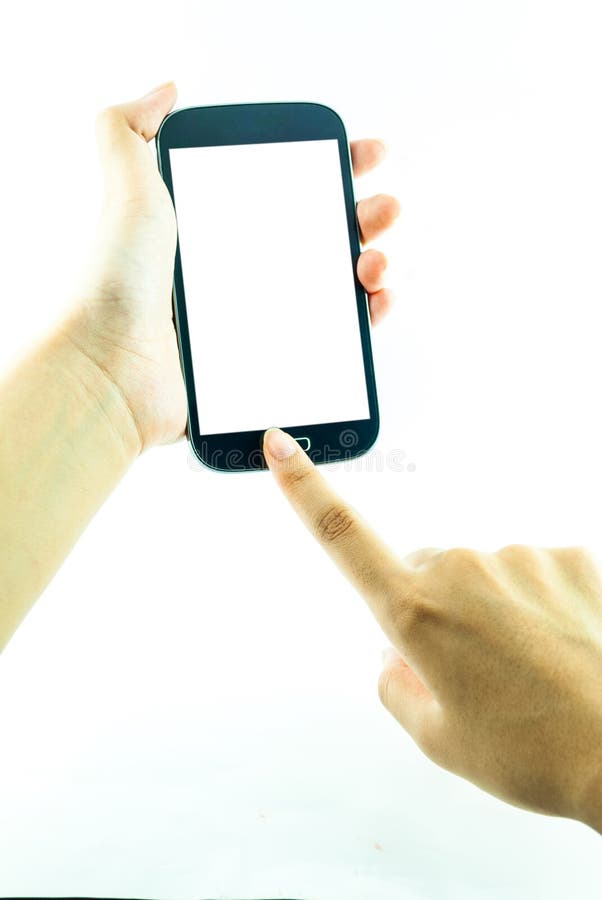 Handy mit mit Berührungseingabe Bildschirm in der weiblichen Hand auf weißem Hintergrund