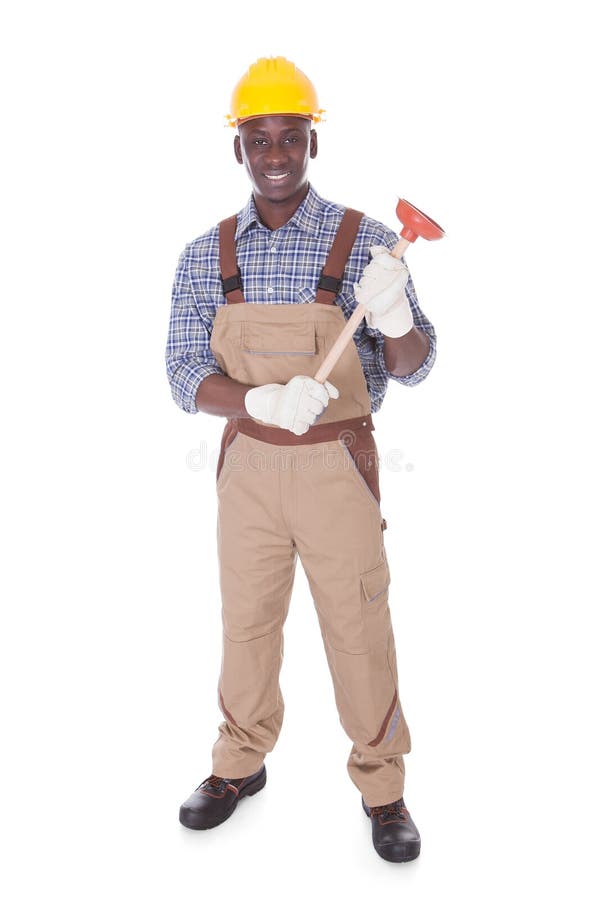 Happy Plumber Man Holding Plunger Stock Photos - Free & Royalty-Free ...