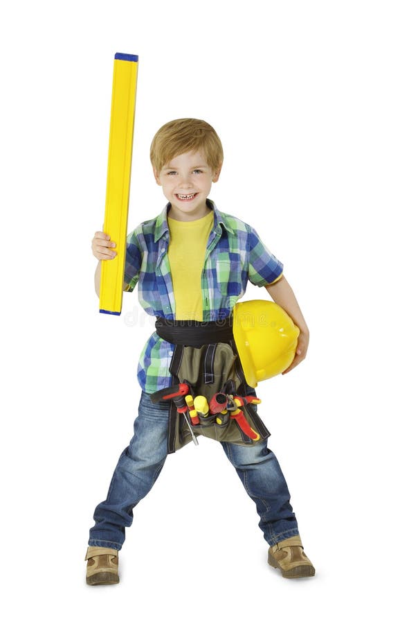 Handyman Kid with Repair Tools. Child Boy Professional Builder stock images