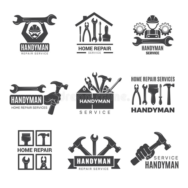 Handyman logo. Worker with equipment servicing badges screwdriver hand contractor man vector symbols