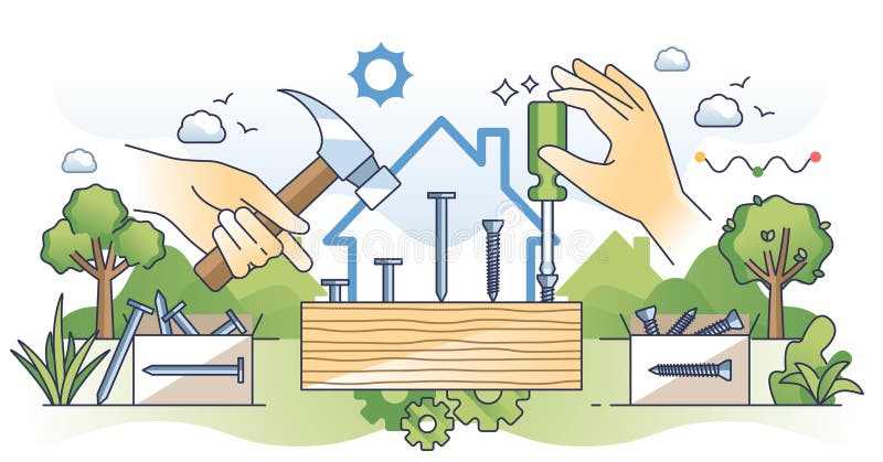 Profesia de meseriaș, cu competențe profesionale de tâmplar, schița conceptului de mâini stock illustration
