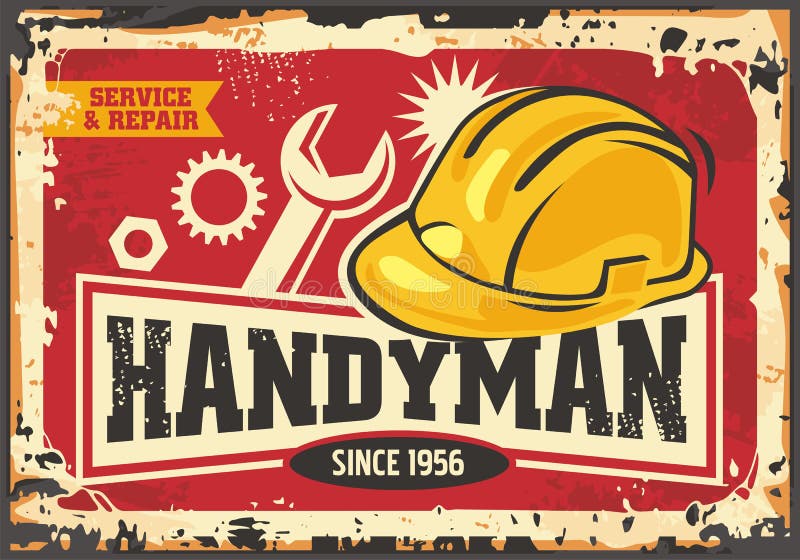 Handyman retro ad with yellow safety helmet