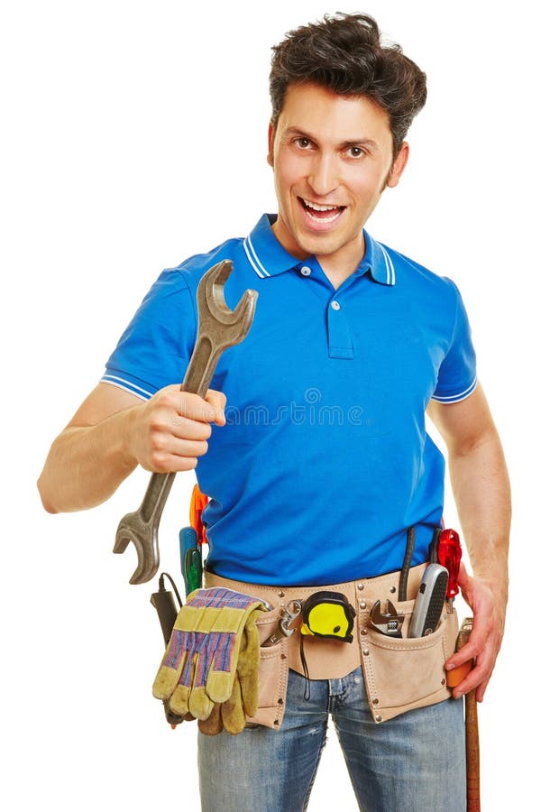 Handyman with Wrench and Tool Belt Stock Photo Image of fixing