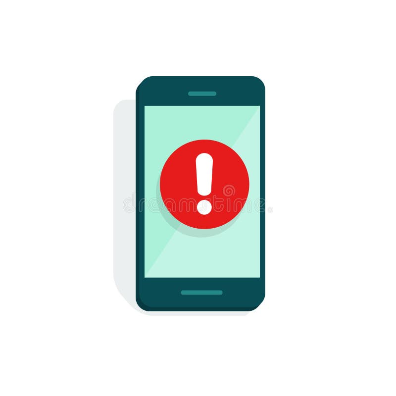 Handywarnung oder wachsame Zeichenvektorikone, flaches Karikatur Smartphoneanzeigenausrufszeichen, Gefahr oder Risikomitteilung lizenzfreie abbildung