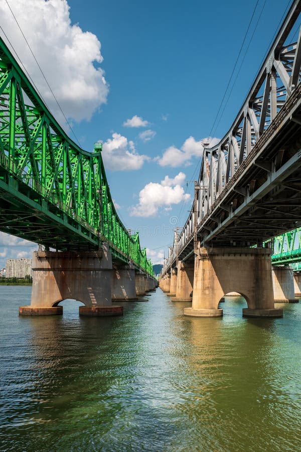 Hangang Railway bridges over the Han River rom underneath, Seoul, South Korea. Vertical view royalty free stock photography Hangang Railway bridges over the Han River rom underneath, Seoul, South Korea. Vertical view royalty free stock photography