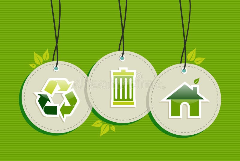 Hangend Groene geplaatste de pictogrammenetiketten van het Milieuteken stock illustratie Hangend Groene geplaatste de pictogrammenetiketten van het Milieuteken stock illustratie