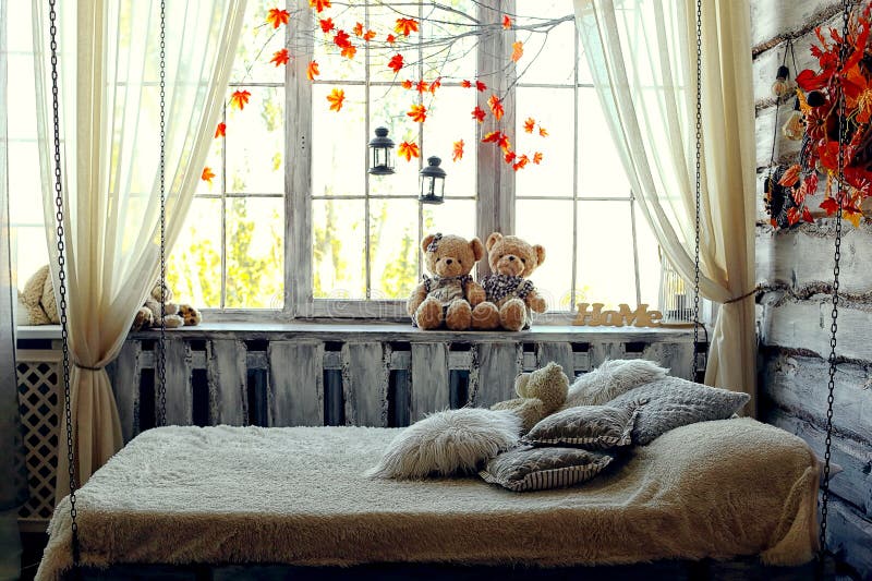 Hanging Bed on Chains, Stylish Cute Bedroom Interior Stock Image