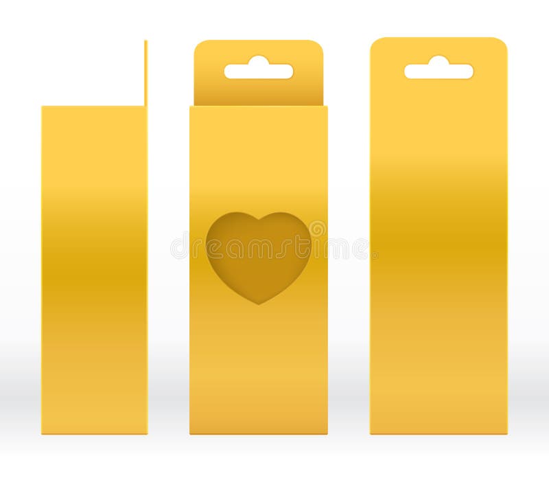 Hanging Box Gold window heart-shaped cut out Packaging Template blank. Luxury Empty Box Golden Template for design product package