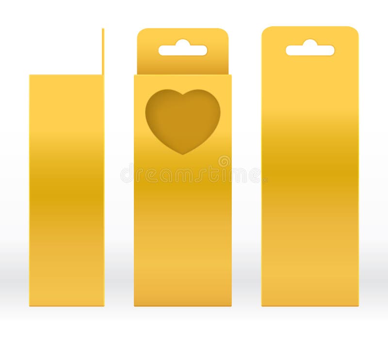 Hanging Box Gold window heart-shaped cut out Packaging Template blank. Luxury Empty Box Golden Template for design product package