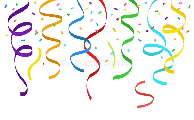 Hanging colorful streamers and falling confetti on white background - vector illustration
