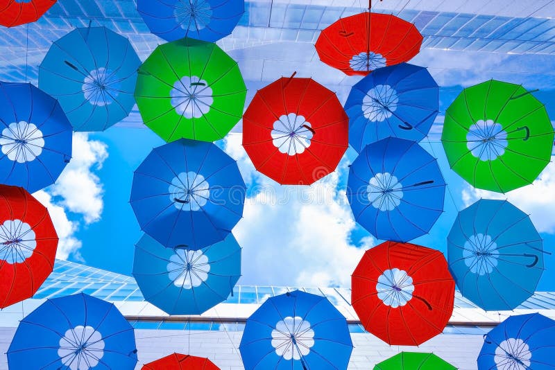 The Hanging Colorful Umbrellas Stock Image Image of green, colored