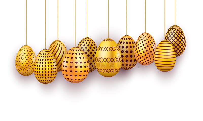 Hanging gold Easter eggs set. 3d realistic egg isolated on white background. Design element for banner, poster, flyer or greeting vector illustration Hanging gold Easter eggs set. 3d realistic egg isolated on white background. Design element for banner, poster, flyer or greeting vector illustration