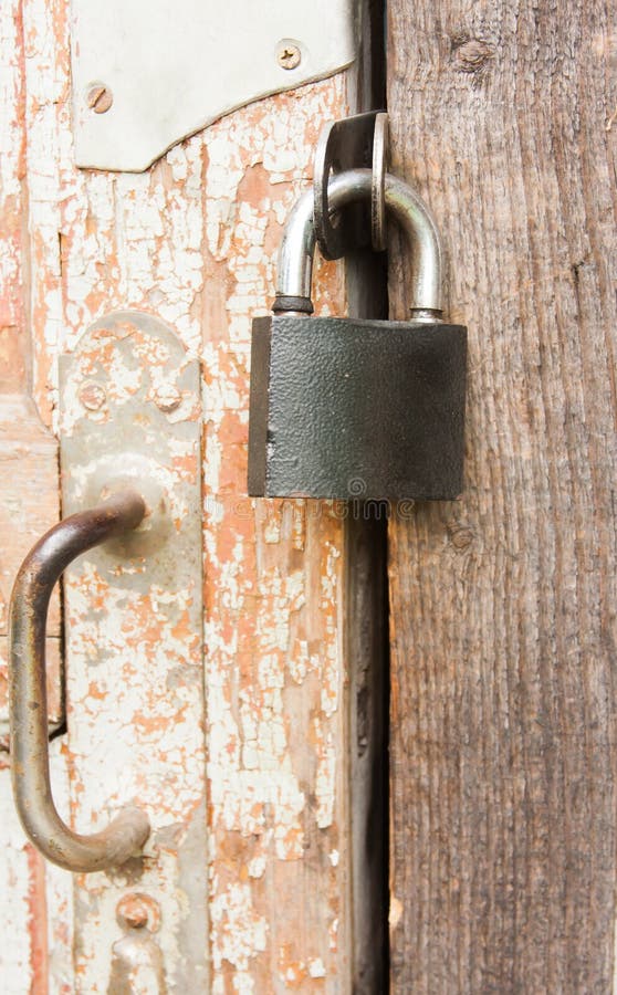 Hanging Lock on an Old Wooden Door Stock Photo Image of cracks, door