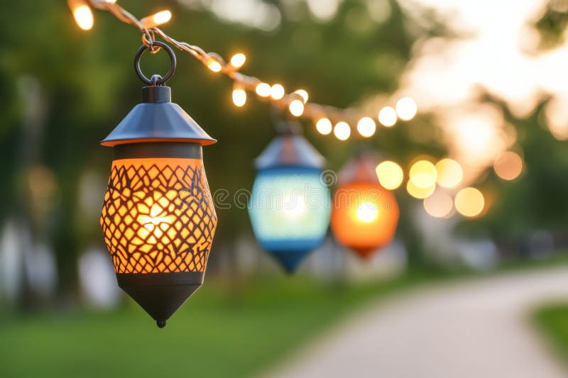 Hanging Moroccan lanterns intricate metalwork glowing in soft evening light creating warm ambiance in outdoor setting blurred stock illustration