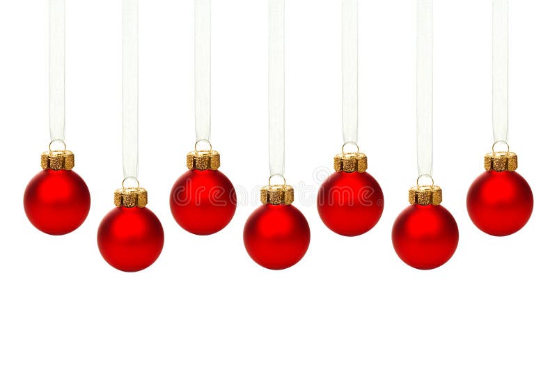 Hanging red Christmas ornaments isolated