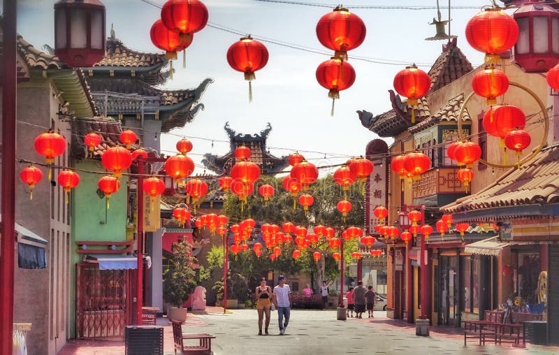 Hanging red lanterns in Chinatown Los Angeles