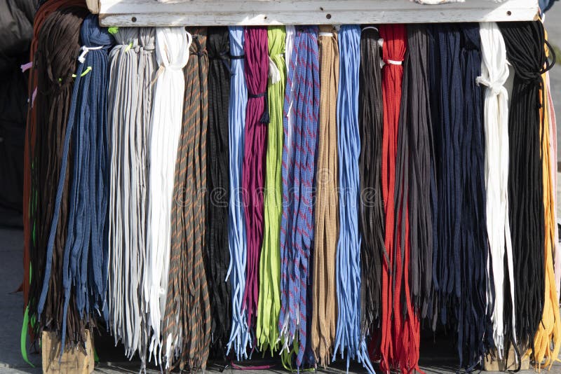 Hanging Shoe Laces Have Different Colors and Varieties. Close Up Stock Photo Image of looking