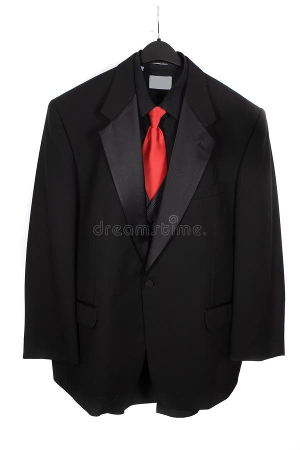 Hanging three piece suit with red tie