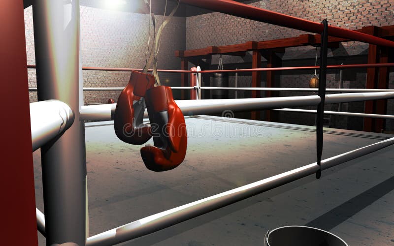 Un paio di bianco e rosso guanti da boxe appeso sul perimetro linee di un ring di pugilato in un vecchio club di boxe.