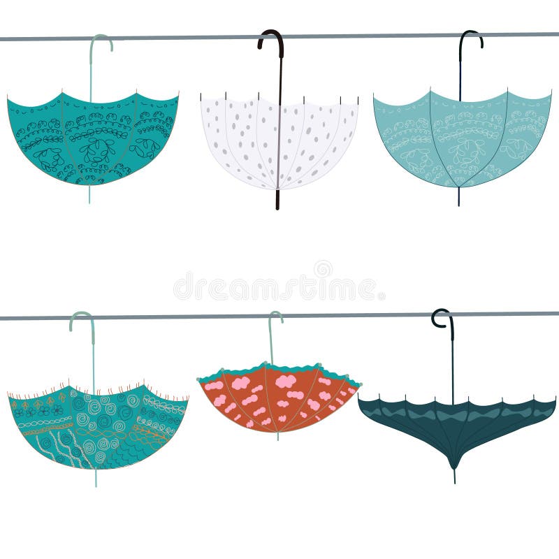 Hanging Upside Down Open Umbrellas on Rail Stock Illustration